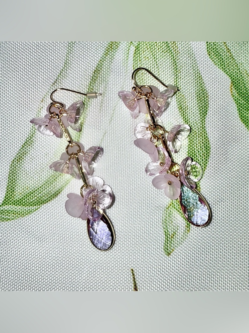 Purple Floral Statement Dangle Earrings with Tear Drops